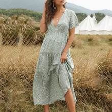 Load image into Gallery viewer, Elegnat V-Neck Short Sleeve Floral Printed Maxi Dress