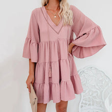 Load image into Gallery viewer, V-Neck Lace Up Ruffle Dress