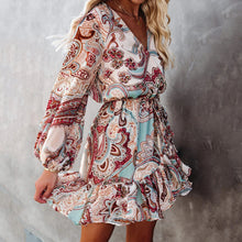 Load image into Gallery viewer, V-Neck Printed Lantern Sleeve Dress