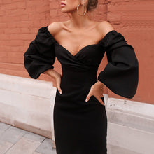 Load image into Gallery viewer, Mid-Length V-Neck Puff Sleeve Bodycon Dress