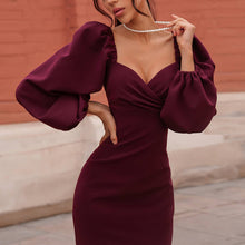Load image into Gallery viewer, Mid-Length V-Neck Puff Sleeve Bodycon Dress