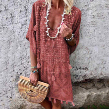 Load image into Gallery viewer, Boho Tassel V-Neck Printed Mini Dress