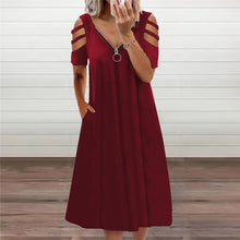 Load image into Gallery viewer, Solid Color V-neck Zip Short Sleeve Dress