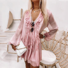 Load image into Gallery viewer, V-Neck Lapel Long Sleeve Mini Dress