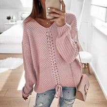 Load image into Gallery viewer, Lace Up V-Neck Loose Sweater