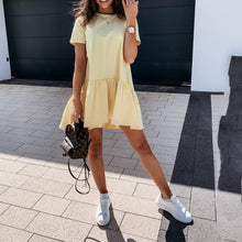 Load image into Gallery viewer, Solid Color Short-Sleeved Round Neck Ruffle Mini Dress