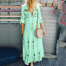Load image into Gallery viewer, Bohemian Style V-Neck Drawstring Maxi Dress