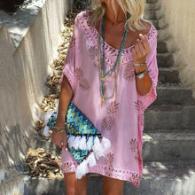 Load image into Gallery viewer, V-Neck Short-Sleeved Lace Stitching Print Dress