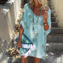 Load image into Gallery viewer, V-Neck Short-Sleeved Lace Stitching Print Dress