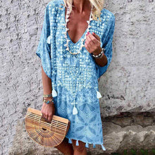 Load image into Gallery viewer, Boho Tassel V-Neck Printed Mini Dress