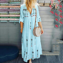Load image into Gallery viewer, Bohemian Style V-Neck Drawstring Maxi Dress