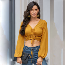 Load image into Gallery viewer, Long Sleeve V-neck Drawstring Tops