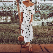 Load image into Gallery viewer, Polka Dot Print V-neck Off-The-Shoulder Dress