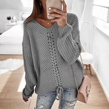 Load image into Gallery viewer, Lace Up V-Neck Loose Sweater