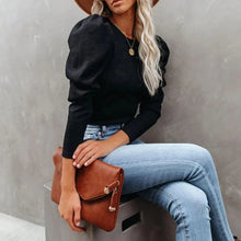 Load image into Gallery viewer, Round Neck Bubble Sleeve Solid Color Tops