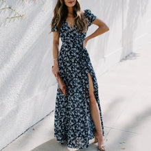 Load image into Gallery viewer, Printed V Neck Short Sleeved Split Maxi Dress