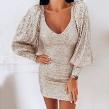 Load image into Gallery viewer, Puff Sleeve Deep V-Neck Sequin Party Dress