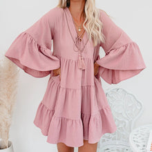 Load image into Gallery viewer, V-Neck Lace Up Ruffle Dress