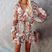 Load image into Gallery viewer, V-Neck Printed Lantern Sleeve Dress