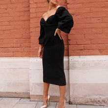 Load image into Gallery viewer, Mid-Length V-Neck Puff Sleeve Bodycon Dress