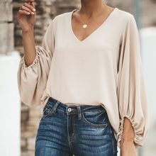 Load image into Gallery viewer, Loose V-neck Lantern Sleeve Chiffon T-shirt