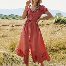 Load image into Gallery viewer, Round Neck Solid Color Single Breasted Maxi Dress