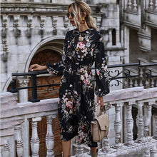 Load image into Gallery viewer, Stand-up Collar Tie Print Waist Dress