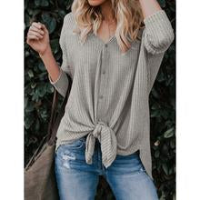 Load image into Gallery viewer, Womens Waffle Knit Tie Knot Henley Loose Fitting Tops