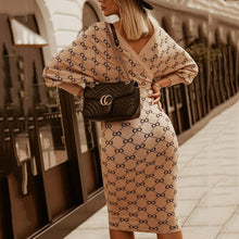 Load image into Gallery viewer, Long Sleeve Printed V-Neck Bodycon Dress