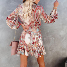Load image into Gallery viewer, V-Neck Printed Lantern Sleeve Dress