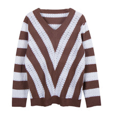 Load image into Gallery viewer, Solid Color V-neck Striped Stitching Sweater