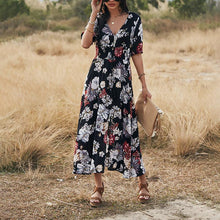 Load image into Gallery viewer, Elegant V-Neck Floarl Printed Short Sleeve Maxi Dress