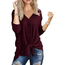 Load image into Gallery viewer, Womens Waffle Knit Tie Knot Henley Loose Fitting Tops