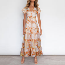 Load image into Gallery viewer, Summer V Neck Floarl Printed Lace Up Maxi Dress