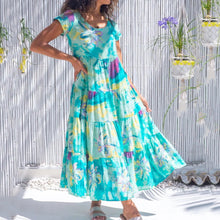 Load image into Gallery viewer, Printed Short Sleeve Stitching High Waist Maxi Dress