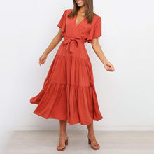 Load image into Gallery viewer, Elegant V-Neck Short Sleeve Maxi Dress