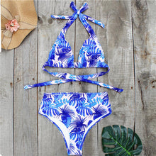 Load image into Gallery viewer, Blue Leaf Printed Bikini Swimsuit