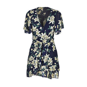 Deep V-Neck Floarl Print Short Sleeve Dress