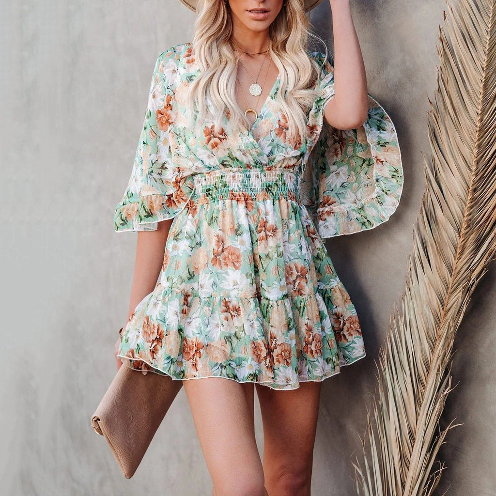 Pre-Sale Sweet V-Neck Floarl Printed Mini Dress