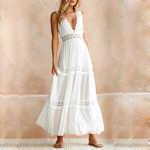 V-Neck Lace Backless Maxi Dress