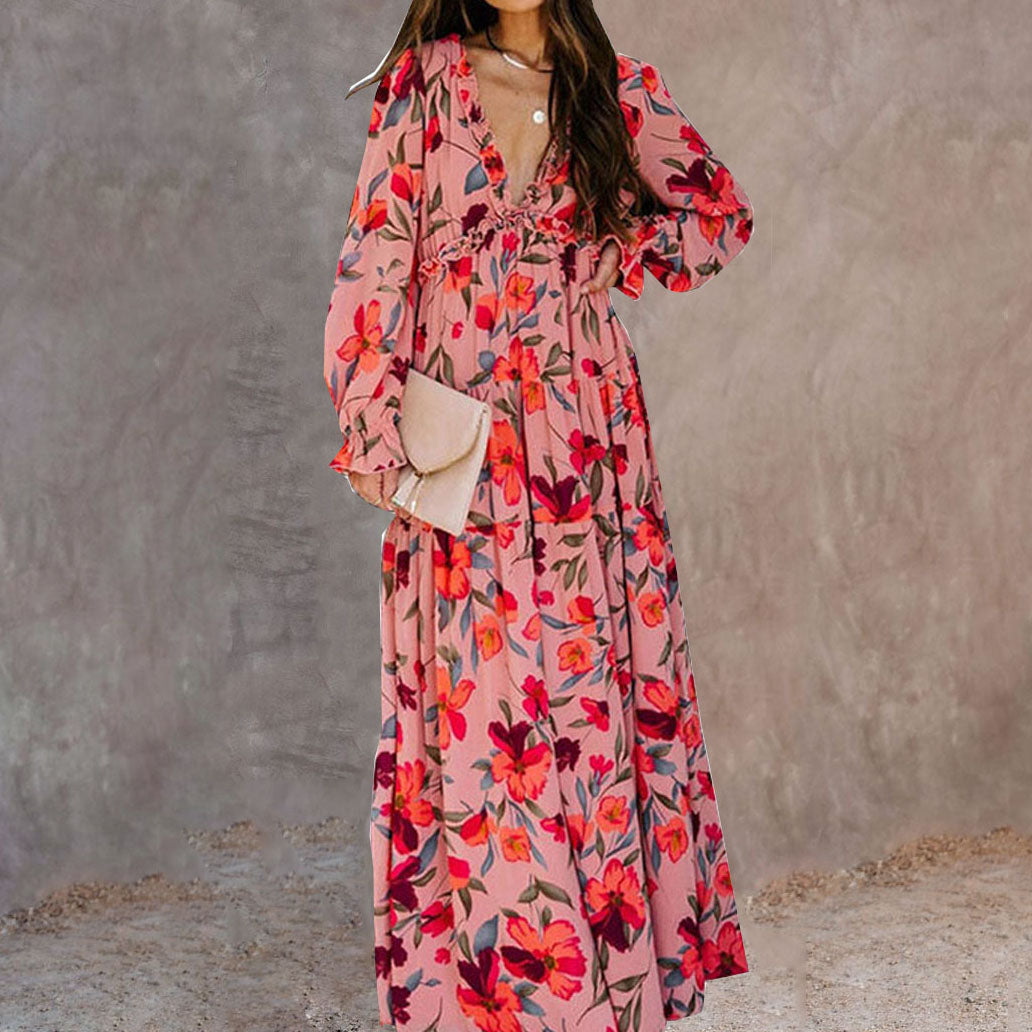 Long Sleeve V-Neck Floarl Print Dress