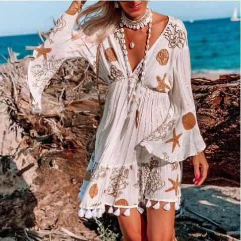 Bohemian Style V-Neck Tassel Vacation Dress