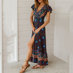 Bohemian V-Neck Floral Printed Vacation Dress