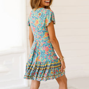 Bohemian Flora Print Pleated Vacation Dress