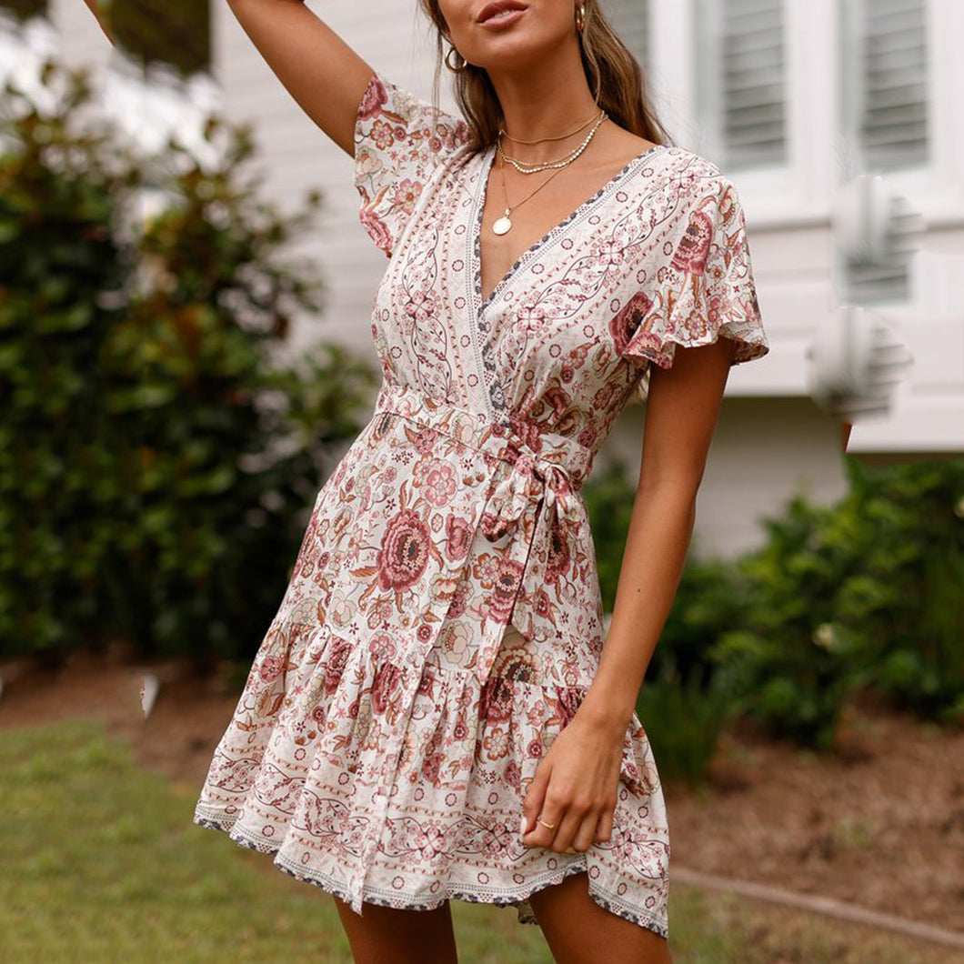 Bohemian Flora Print Pleated Vacation Dress