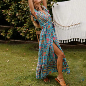 Bohemian V-Neck Floral Printed Vacation Dress