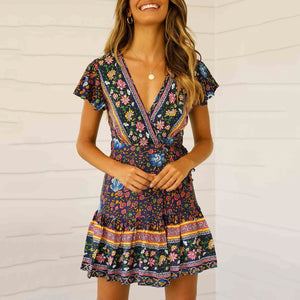 Bohemian Flora Print Pleated Vacation Dress