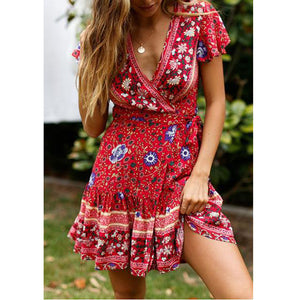 Bohemian Flora Print Pleated Vacation Dress