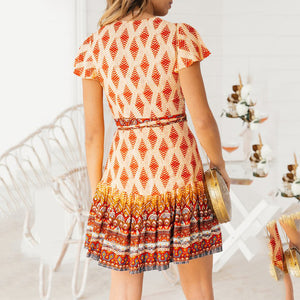 Short Sleeve Floral Printed Bohemian Dress