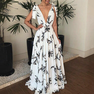 Boho Deep V Neck Halter Sling Floarl Printed Maxi Dress